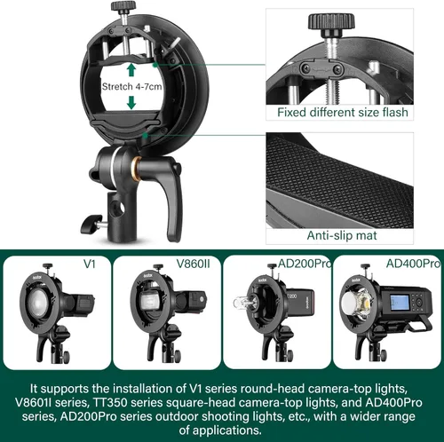 Vista 3 de GODOX S2 Speedlite Soporte Bowens Mount Holder + Cold Shoe Flash Mount para Godox V1 Series, AD200Pro, AD200, AD400Pro, V860II Series, TT350 TT685