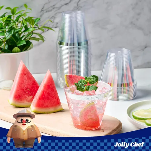 Vista 7 de JOLLY CHEF Paquete de 100 Vasos de Plástico Dorado, Tumblers de Plástico Transparente de 9 oz, Elegantes Vasos con Borde Dorado, Vasos Desechables