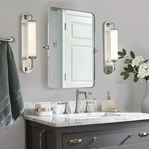 Vista 14 de Espejo giratorio Moon Mirror de oro cepillado, espejo inclinable de latón para tocador rectangular para baño, medidas totales 24.33 x 28 pulgadas