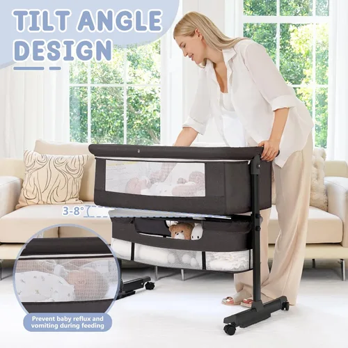 Vista 4 de Moisés para bebé, 3 en 1, para poner al lado de la cama, con ruedas, altura ajustable con modo de balanceo, malla transpirable, cesta de Gris-oscuro
