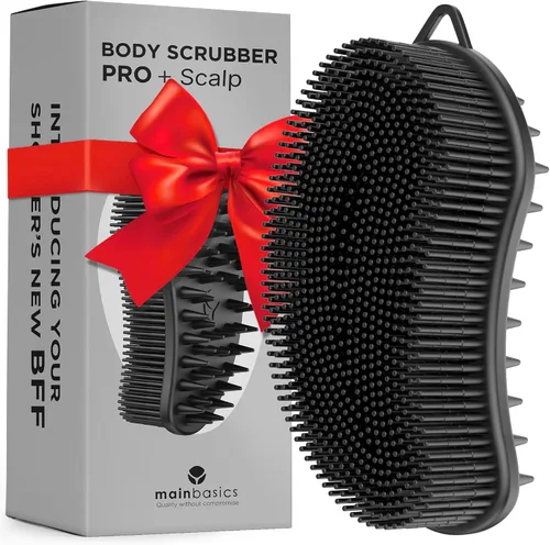 MainBasics Silicone Body Scrubber Dual-Sided, Black, Scalp Limpiador de ducha y masajeador de cuero cabelludo, alternativa suave de esponja de Negro