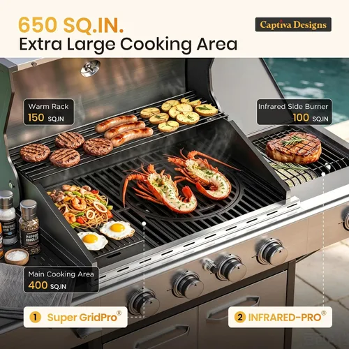 Vista 2 de Captiva Designs 4 Burner Propane Gas BBQ Grills with Infrared Sear Burner Silver