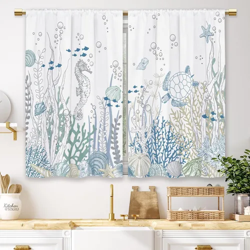 Vista 21 de Cortinas de cocina de granja de Laifzere, hojas rústicas verdes de eucalipto, cortinas cortas pequeñas para cafetería, cortinas de ventana de planta