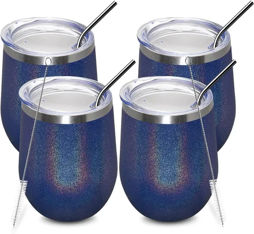 Vista 54 de MEWAY Vaso de vino sin tallo de 12 onzas con tapa, vaso de viaje de acero inoxidable con aislamiento de doble pared al vacío con popote, para Negro