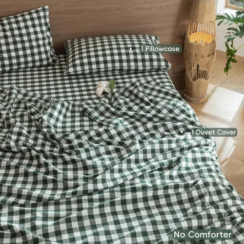Vista 2 de MooMee Juego de funda de edredón a cuadros 100% algodón lavado con textura parecida al lino, transpirable, duradero, suave, cómodo, diseño moderno a