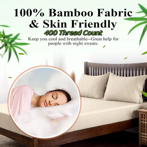 Vista 3 de Paquete de 2 sábanas bajeras bajeras de viscosa de bambú tamaño Queen solamente, 400 hilos, bolsillo profundo de 8 a 16 pulgadas, refrescante
