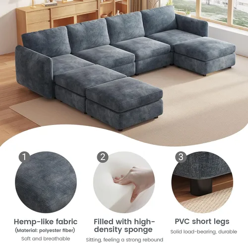 Vista 63 de Guyii Sofá modular de terciopelo, moderno sofá de 4 plazas de gran tamaño con 3 almohadas y reposapiés de almacenamiento, sofá convertible de 115.74