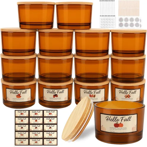 CONNOO Paquete de 15 tarros de vela de vidrio ámbar de 4 onzas con tapas de bambú para hacer velas, recipientes de vidrio pequeños de boca ancha a