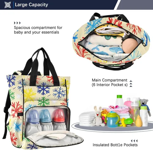 Vista 5 de Mochila para pañales para mamá, patrón de copo de nieve multicolor, nailon impermeable, 11 x 6 x 15 pulgadas, múltiples bolsillos de almacenamiento