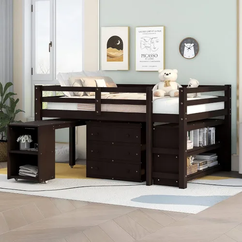 Vista 13 de Harper & Bright Designs Twin Low Loft Bed with Storage Cabinet and Rolling Portable Desk, Kids Twin Loft Bed with Bookshelf & Safety Guardrail and