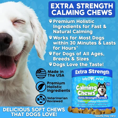 Vista 3 de Masticables calmantes para perros, golosinas para calmar a los perros, hechas en Estados Unidos, recomendadas por veterinarios, apoyo al
