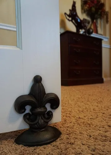 Vista 6 de Lulu Decor, Tope de puerta de flor de lis, hierro fundido, 2 libras, tope de puerta (negro antiguo)