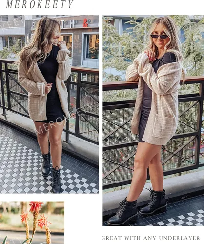 Vista 6 de MEROKEETY Suéter de punto trenzado de manga larga abombada para mujer, parte delantera abierta con bolsillos