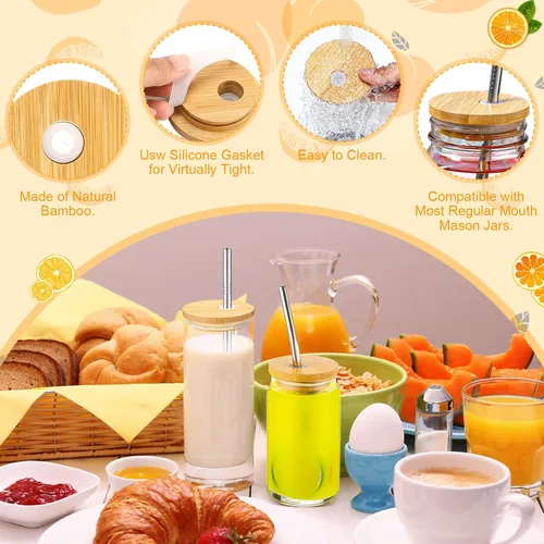 Vista 5 de Sieral Tapas de bambú para frascos de 2.756 in con agujero para pajilla, tapas reutilizables de madera para tarros de cerveza, cubierta de conservas