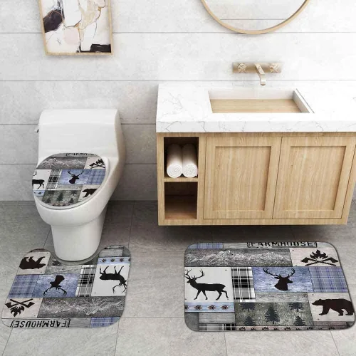 Vista 10 de Camille&Andrew - Juego de 4 cortinas de ducha de tela de ciervo rústico negro, alce, alce, pino, luna, casa de campo, panel rústico, tablero