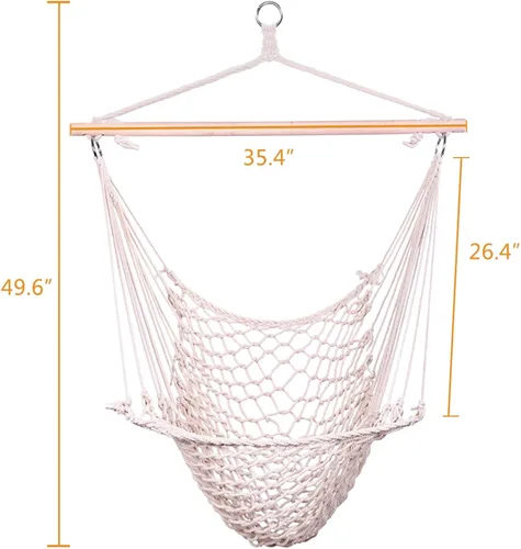 Vista 6 de Hamaca colgante al aire libre con cuerda de algodón y barra de madera, macramé beige, silla grande de aire/cielo, porche, capacidad de 250 libras