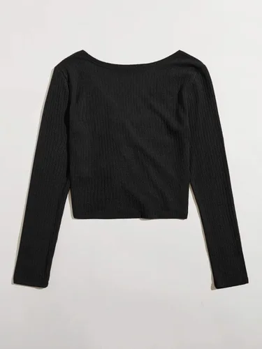 Vista 2 de SweatyRocks Camiseta corta de manga larga con cuello en V y cordón fruncido para mujer, Negro