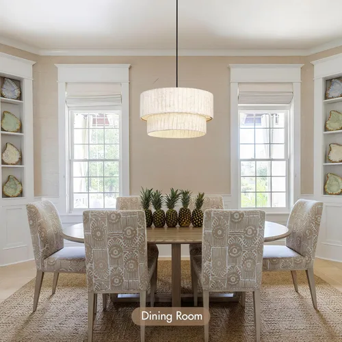 Vista 7 de Lámpara de araña de granja moderna de 16 pulgadas – Lámpara colgante de tiras de lino en capas, lámpara de iluminación rústica regulable