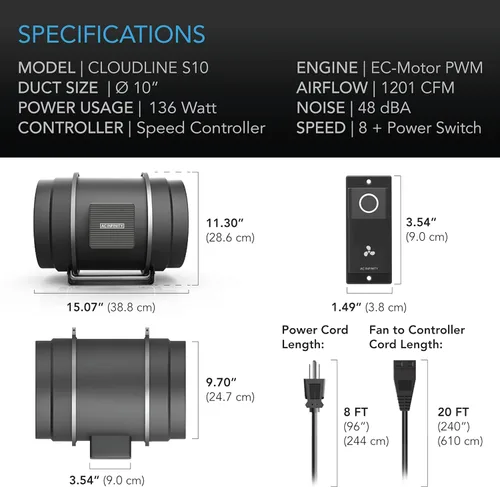 Vista 6 de AC Infinity CLOUDLINE S10 ventilador silencioso de conducto en línea de 10 pulgadas con controlador de velocidad motor EC ventilador de escape