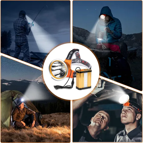 Vista 2 de Linterna de cabeza LED recargable súper brillante – Linterna de cabeza portátil impermeable de alta potencia, 3 modos de iluminación ajustables