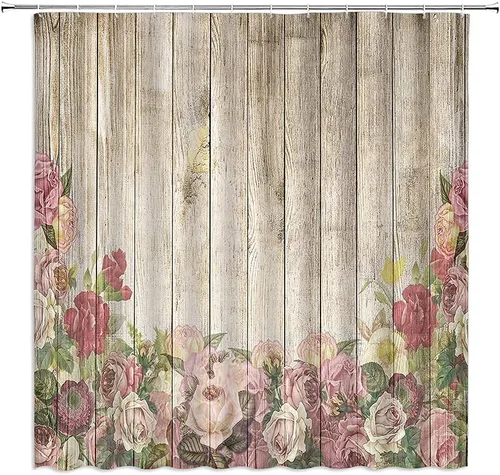 Cortina de ducha de madera vintage con diseño de flores, estilo vintage, estilo granero, acuarela, peonía, rosa, flor de primavera, decoración de
