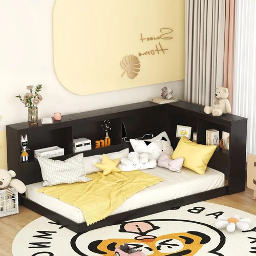Vista 162 de Quarte Elegante cama de plataforma con estanterías en forma de L, cama de plataforma de madera tamaño individual con 2 cajones de almacenamiento