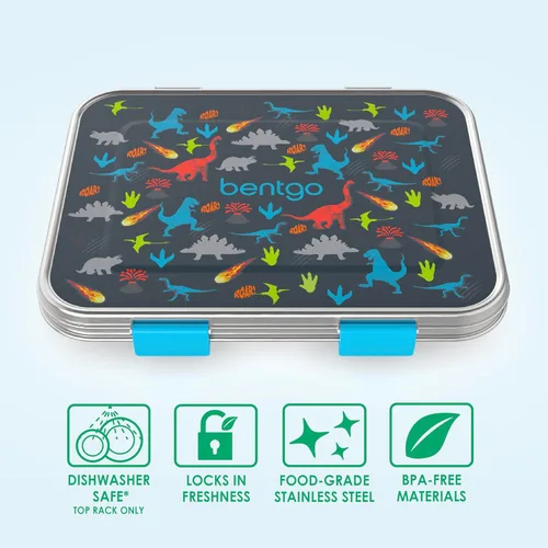 Vista 3 de Bentgo Lonchera de acero inoxidable para niños, resistente a las fugas, 3 compartimentos con recipiente de silicona adicional, duradera, ecológica