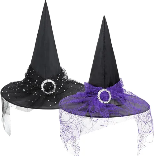 Vista 24 de American Trends Sombrero de bruja de Halloween para mujer, accesorio de disfraz de Halloween de encaje para fiesta