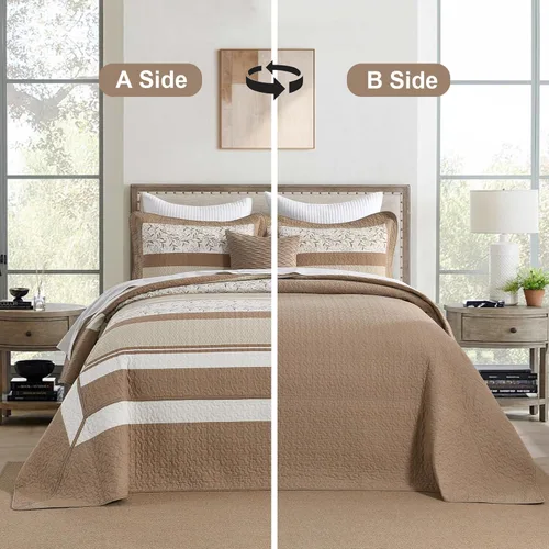 Vista 7 de Finlonte Colcha tamaño Queen extragrande de 100 % algodón de 102 x 120 pulgadas, juego de colcha acolchada floral a rayas de granja, edredón ligero