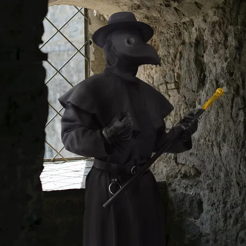Vista 7 de ATTBEA Halloween Costume Compatible for Plague Doctors with Bird Beak Mask Black Cloak Robe with Hood