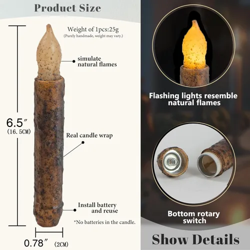 Vista 2 de 6PCS Primitive Taper Candle with Timer Remote Control,Real Wax Hand Dipped Rustic Flameless Candles Battery Operated for Halloween Christmas Country