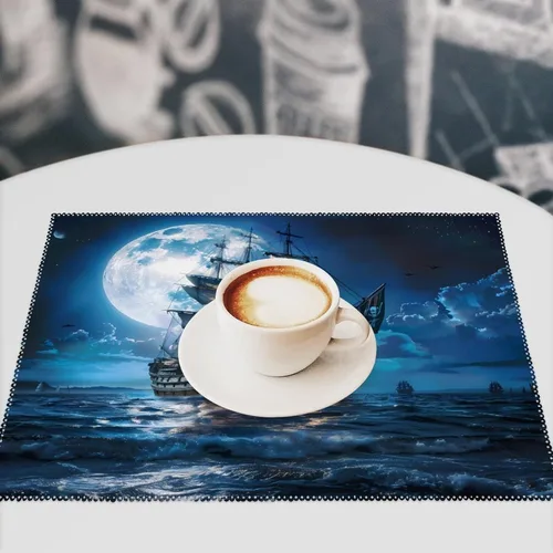 Vista 7 de Blue Boat On Seascape and Moon in The Sky Placemats Set of 6 Resistant Table Mats Washable Place Mats for Dinner Party Table Decoration