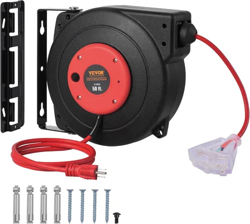 Vista 14 de VEVOR Carrete de cable de extensión retráctil, 30 pies, resistente 16 AWG/3C SJTOW carrete de cable de alimentación retráctil con salida triple
