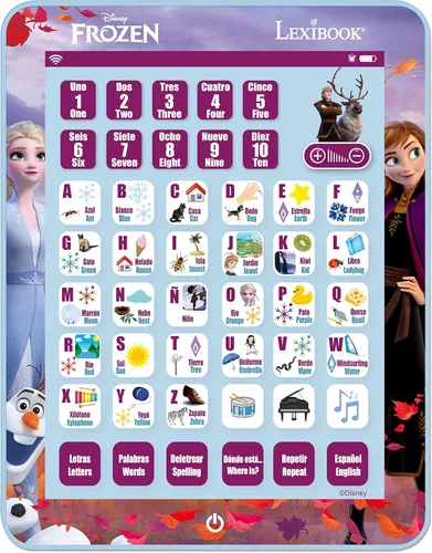 LEXiBOOK Disney Frozen, Tablet Educativa de Aprendizaje Bilingüe, Aprende Letras, Números, Palabras, Ortografía y Música, Idiomas Inglés/Español,