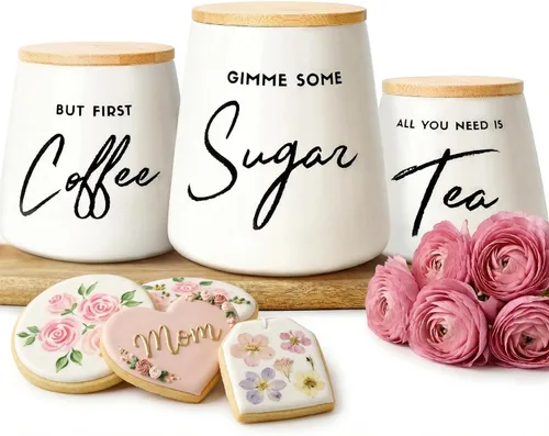 Juego de recipientes de cerámica para té de café y azúcar con tapas de bambú, recipientes de cocina herméticos de 3 piezas para encimera, juego de