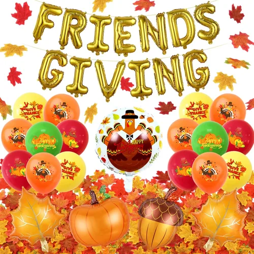 Gold Friendsgiving Foil Balloons Friendsgiving Letter Balloons, Happy Friendsgiving Balloon Banner and Maple Leaf Confetti for friendsgiving
