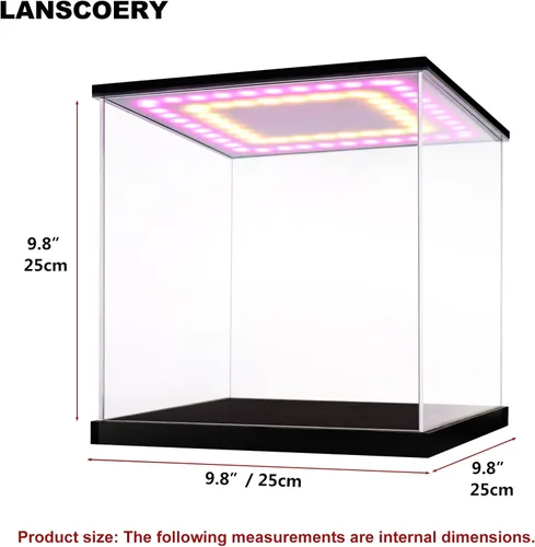 Vista 6 de LANSCOERY Vitrina de acrílico transparente con doble luz, soporte de caja de exhibición de cubo con base negra, escaparate de protección a prueba