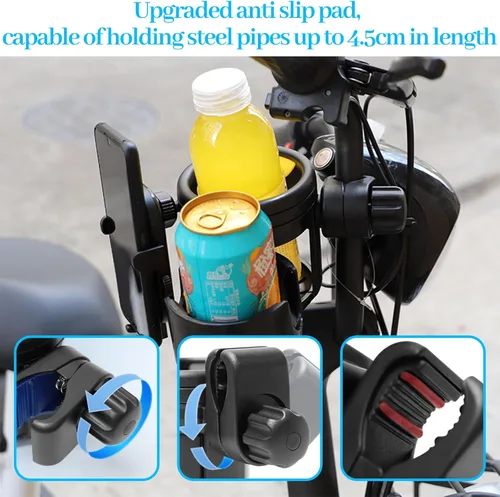 Vista 7 de Portavasos universal 4 en 1 para cochecito con soporte de teléfono de 360°, soporte ajustable para bebidas y teléfono para cochecitos, sillas
