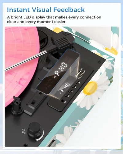 Vista 2 de Tocadiscos de vinilo Bluetooth con altavoces integrados, tocadiscos portátil vintage de 3 velocidades con auriculares de grabación USB/conector