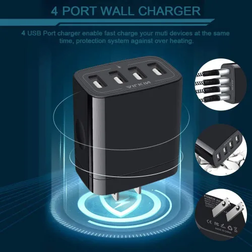Vista 3 de Cargador de pared, adaptador de cargador USB, estación de carga rápida AILKIN 4.8A, 4 puertos múltiples, bloque de base de alimentación, enchufe