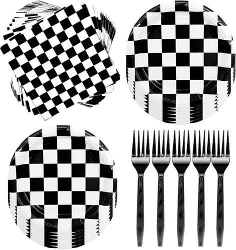 60 piezas de suministros de fiesta a cuadros en blanco y negro – Juego de vajilla de carreras con platos de 7 pulgadas, servilletas de bandera a