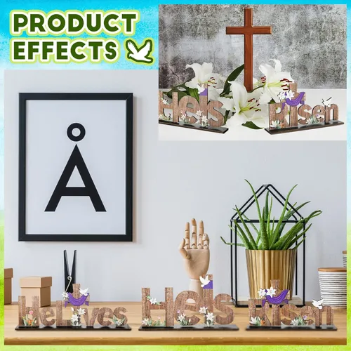 Vista 5 de Marsui 3 piezas de decoraciones de Pascua con texto en inglés «He is resucitado», letreros de madera con texto en inglés «He is resucitado»