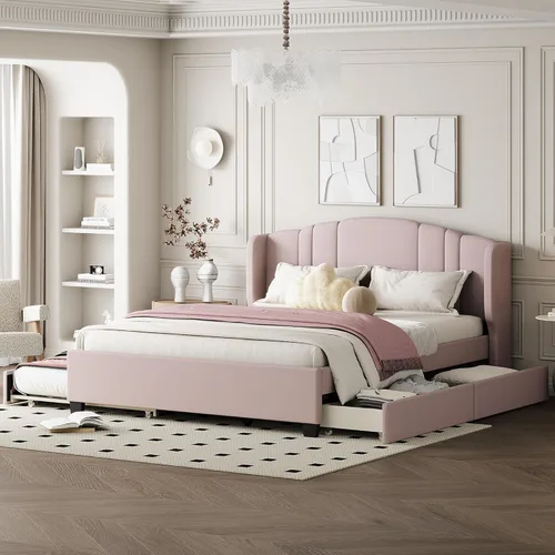 Vista 47 de Elegante cama con plataforma tapizada de terciopelo de tamaño Queen con cabecero, para niños, niñas y adolescentes (beige @cabecero/, Queen)