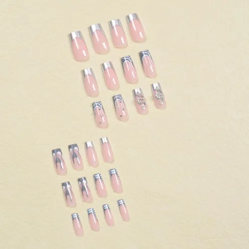 Vista 3 de BABALAL Uñas postizas cuadradas a presión, uñas postizas largas, punta francesa gris, pegamento en 3D, diseño metálico, uñas acrílicas góticas, 24