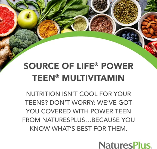 Vista 3 de NaturesPlus Source of Life Power Teen - 180 tabletas vegetarianas - Multivitamínico adolescente con minerales y alimentos integrales para enfoque