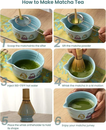 Vista 3 de Juego de batidor de matcha, juego de matcha de cerámica que incluye cuenco matcha, batidor y soporte, cuchara de bambú, soporte para cucharada
