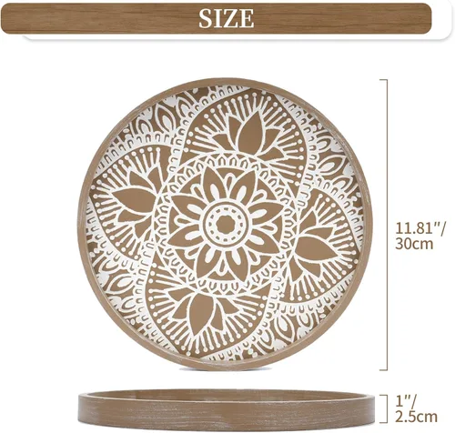 Vista 5 de Hanobe Bandeja decorativa redonda para mesa: bandejas de mesa de café boho para decoración del hogar – Medio siglo Farmhouse Circle Wood Serving