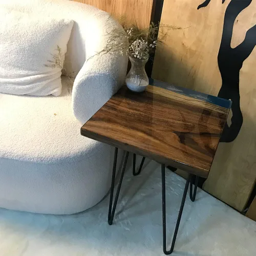 Vista 104 de Mesa de epoxi transparente, mesa de sofá con forma cuadrada, mesa auxiliar de resina de madera, mesa de centro de madera con borde natural para sala