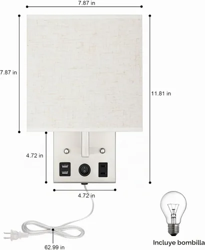 Vista 2 de Juego de dos apliques de pared negros, luces de pared de noche para dormitorio, aplique de pared enchufable con puertos USB y tomas, lámpara