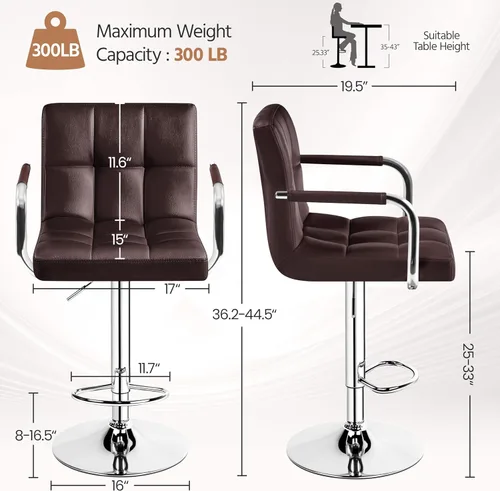 Vista 108 de Yaheetech - 4 taburetes de bar ajustables para mostrador de cocina, taburetes de bar/mostrador, silla de comedor giratoria hidráulica de piel Marrón